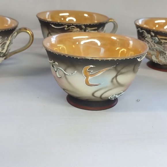 Vintage Occupied Japan Dragonware Tea Cups Saucer Set (4) Moriage Orange Luster - Picture 12 of 12